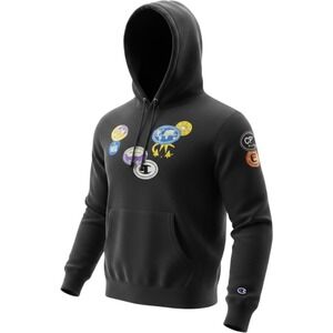 Champion Reverse Weave Hoodie Mens Small Black Multi Graphic Sticker Patch GF68T
